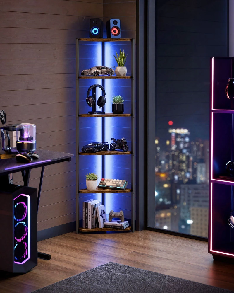 Songmics Kampinė lentyna su LED apšvietimu, 6 lentynų, vintažinė ruda ir juoda, 24,8 × 48 × 182,1 cm