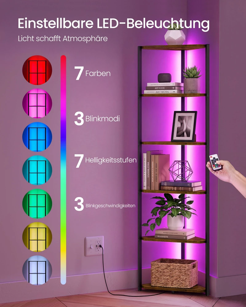 Songmics Kampinė lentyna su LED apšvietimu, 6 lentynų, vintažinė ruda ir juoda, 24,8 × 48 × 182,1 cm