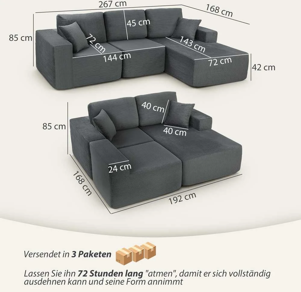 Kampinė modulinė sofa 267 × 168 cm