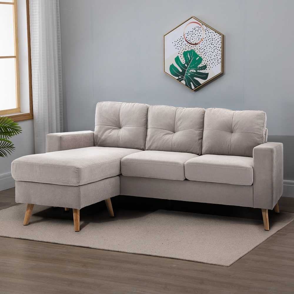 HOMCOM L-formos kampinė sofa, kampinis komplektas su lino išvaizdos audiniu, 3 vietų sofa su gultu, medžiaginė sofa svetainei, šviesiai pilka