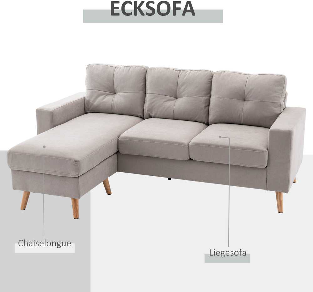 HOMCOM L-formos kampinė sofa, kampinis komplektas su lino išvaizdos audiniu, 3 vietų sofa su gultu, medžiaginė sofa svetainei, šviesiai pilka