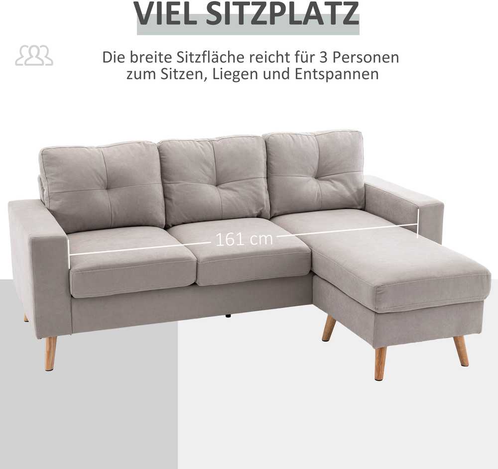 HOMCOM L-formos kampinė sofa, kampinis komplektas su lino išvaizdos audiniu, 3 vietų sofa su gultu, medžiaginė sofa svetainei, šviesiai pilka