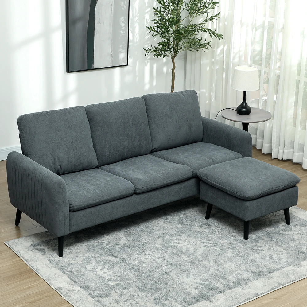 HOMCOM kampinė sofa su pufu, 3 pagalvės, L formos sofa svetainei ar miegamajam, 196 x 140 x 88 cm, pilka