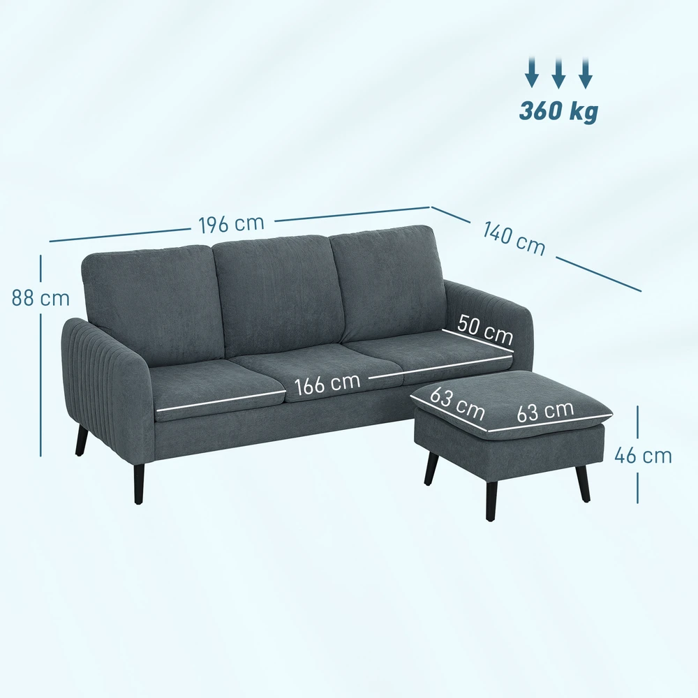 HOMCOM kampinė sofa su pufu, 3 pagalvės, L formos sofa svetainei ar miegamajam, 196 x 140 x 88 cm, pilka