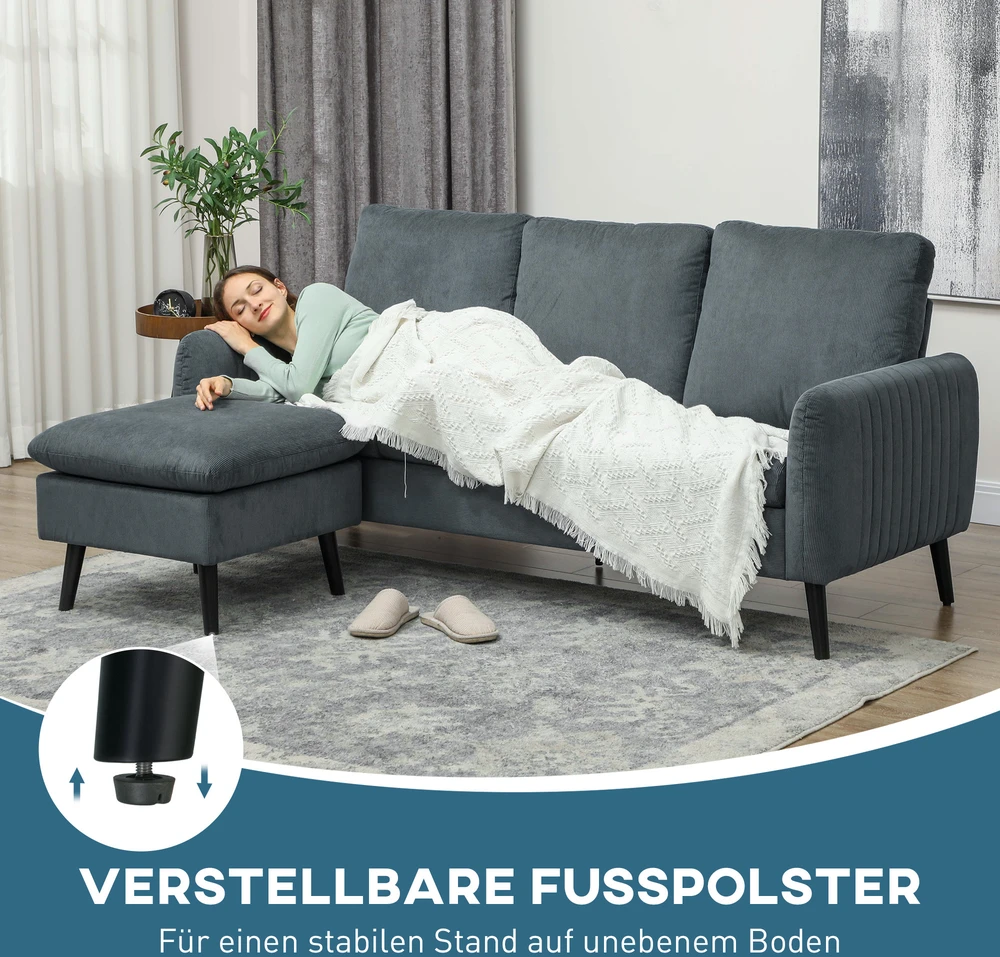 HOMCOM kampinė sofa su pufu, 3 pagalvės, L formos sofa svetainei ar miegamajam, 196 x 140 x 88 cm, pilka