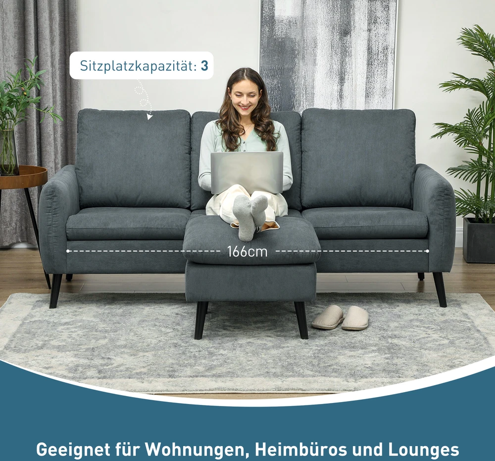 HOMCOM kampinė sofa su pufu, 3 pagalvės, L formos sofa svetainei ar miegamajam, 196 x 140 x 88 cm, pilka