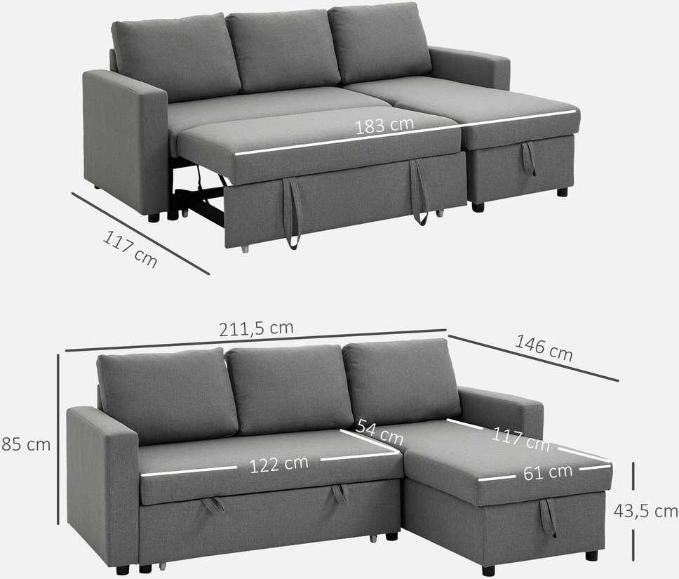HOMCOM kampinė sofa lova su daiktadėže, šezlongu, L-formos, lino išvaizdos audinys, šviesiai pilka, 211,5 x 146 x 85 cm