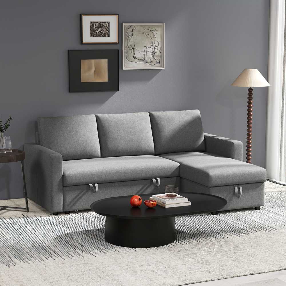 HOMCOM kampinė sofa lova su daiktadėže, šezlongu, L-formos, lino išvaizdos audinys, šviesiai pilka, 211,5 x 146 x 85 cm
