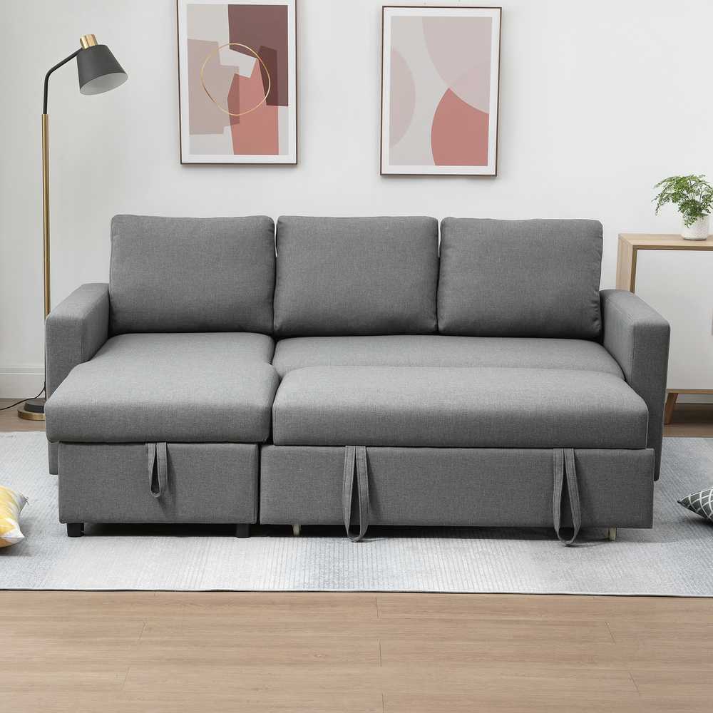 HOMCOM kampinė sofa lova su daiktadėže, šezlongu, L-formos, lino išvaizdos audinys, šviesiai pilka, 211,5 x 146 x 85 cm
