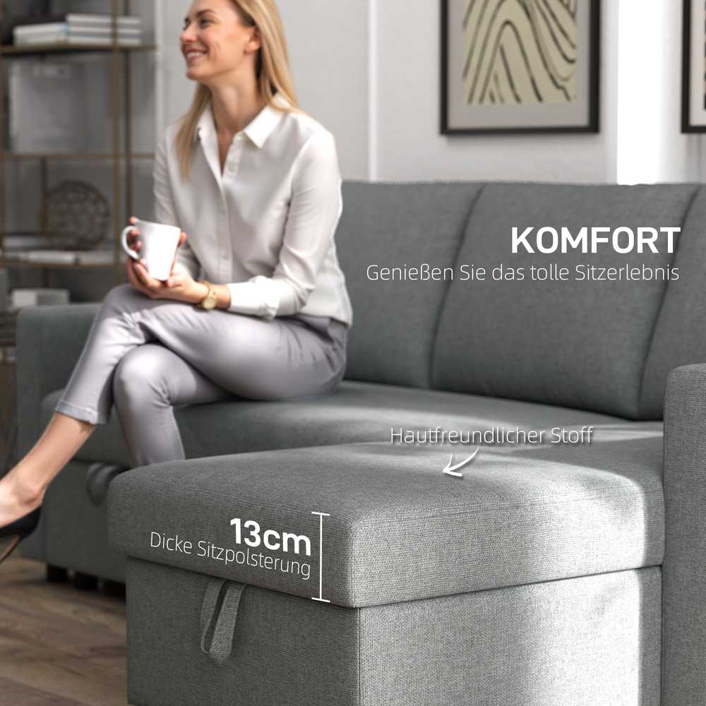 HOMCOM kampinė sofa lova su daiktadėže, šezlongu, L-formos, lino išvaizdos audinys, šviesiai pilka, 211,5 x 146 x 85 cm