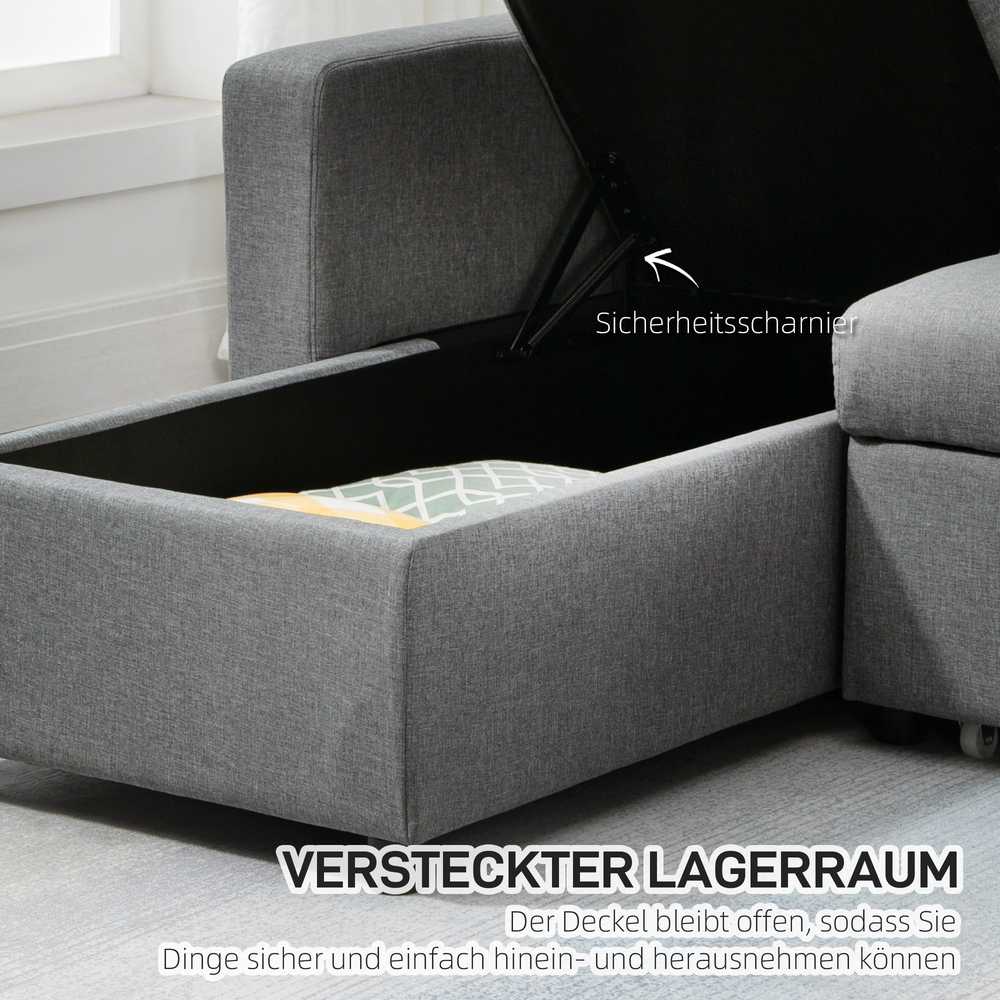 HOMCOM kampinė sofa lova su daiktadėže, šezlongu, L-formos, lino išvaizdos audinys, šviesiai pilka, 211,5 x 146 x 85 cm