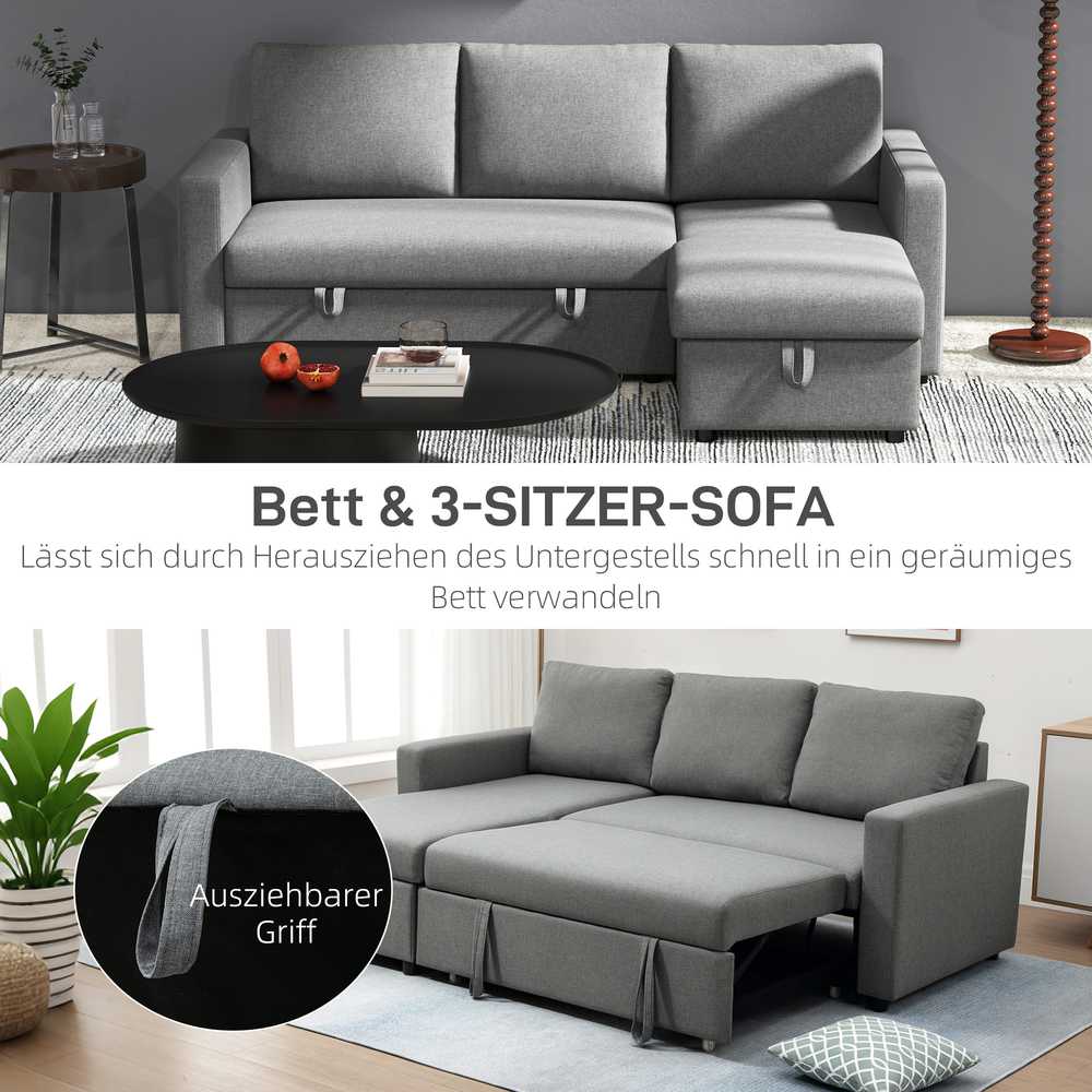 HOMCOM kampinė sofa lova su daiktadėže, šezlongu, L-formos, lino išvaizdos audinys, šviesiai pilka, 211,5 x 146 x 85 cm