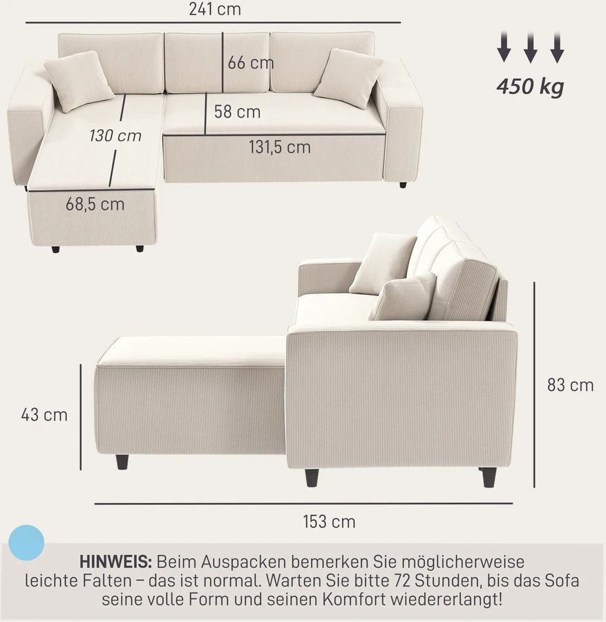 HOMCOM 3 vietų kampinė sofa su keičiama gulto puse, 2 pagalvėlės, velvetinis audinys, kreminės baltos spalvos, 241x153x83 cm