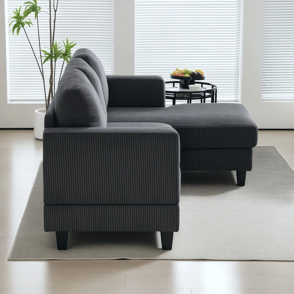 HOMCOM Kampinė sofa su šezlongu, 3 vietų, L formos, paminkštinta, su korduro atrodančiu audiniu, didelio tankio putplasčiu, iki 400 kg, skirta svetainei, miegamajam, 214 x 134 x 87 cm, tamsiai pilka