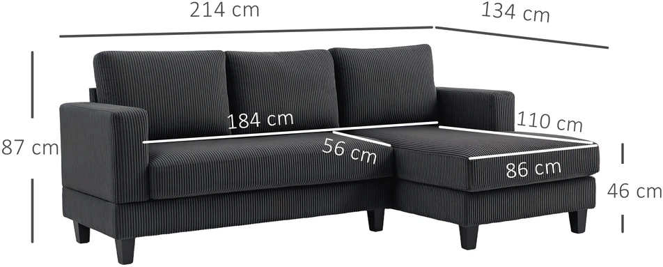 HOMCOM Kampinė sofa su šezlongu, 3 vietų, L formos, paminkštinta, su korduro atrodančiu audiniu, didelio tankio putplasčiu, iki 400 kg, skirta svetainei, miegamajam, 214 x 134 x 87 cm, tamsiai pilka