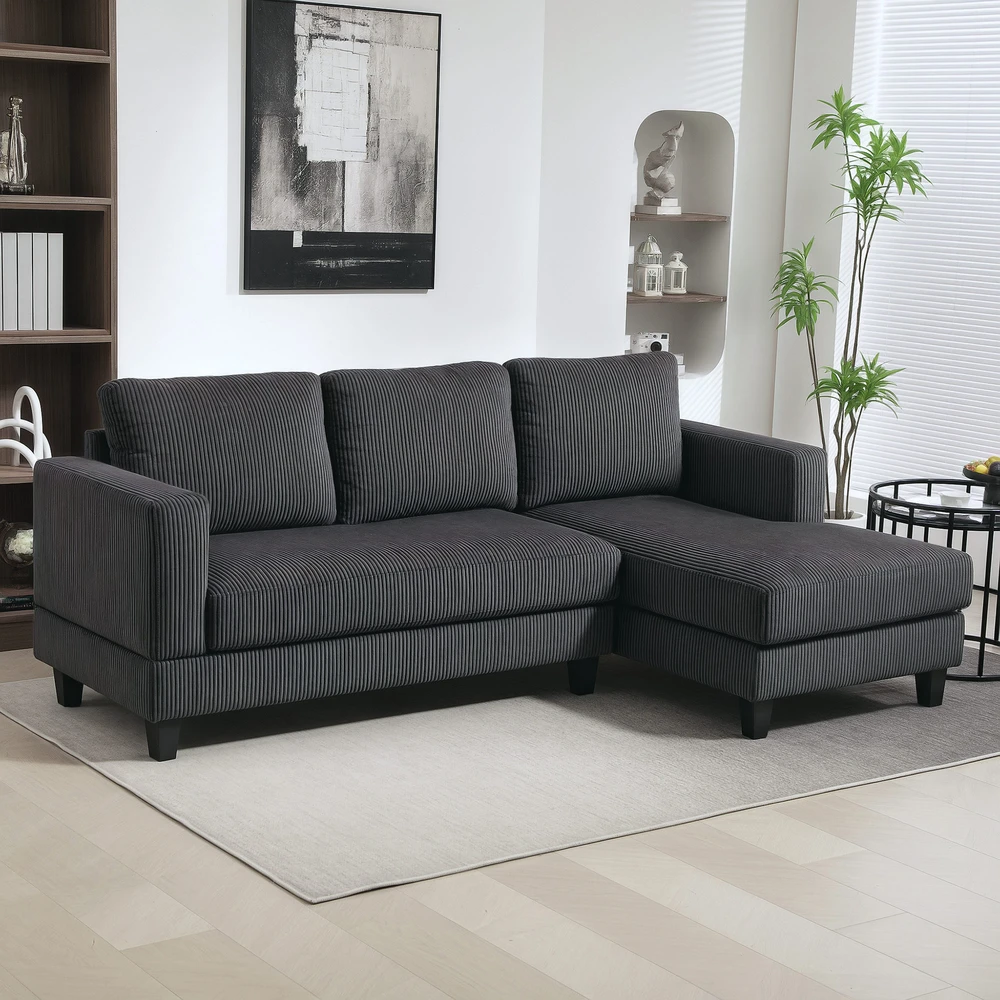 HOMCOM Kampinė sofa su šezlongu, 3 vietų, L formos, paminkštinta, su korduro atrodančiu audiniu, didelio tankio putplasčiu, iki 400 kg, skirta svetainei, miegamajam, 214 x 134 x 87 cm, tamsiai pilka