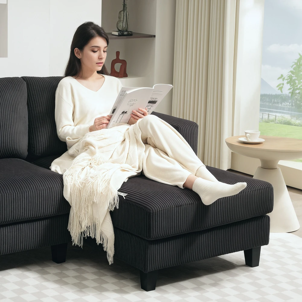HOMCOM Kampinė sofa su šezlongu, 3 vietų, L formos, paminkštinta, su korduro atrodančiu audiniu, didelio tankio putplasčiu, iki 400 kg, skirta svetainei, miegamajam, 214 x 134 x 87 cm, tamsiai pilka
