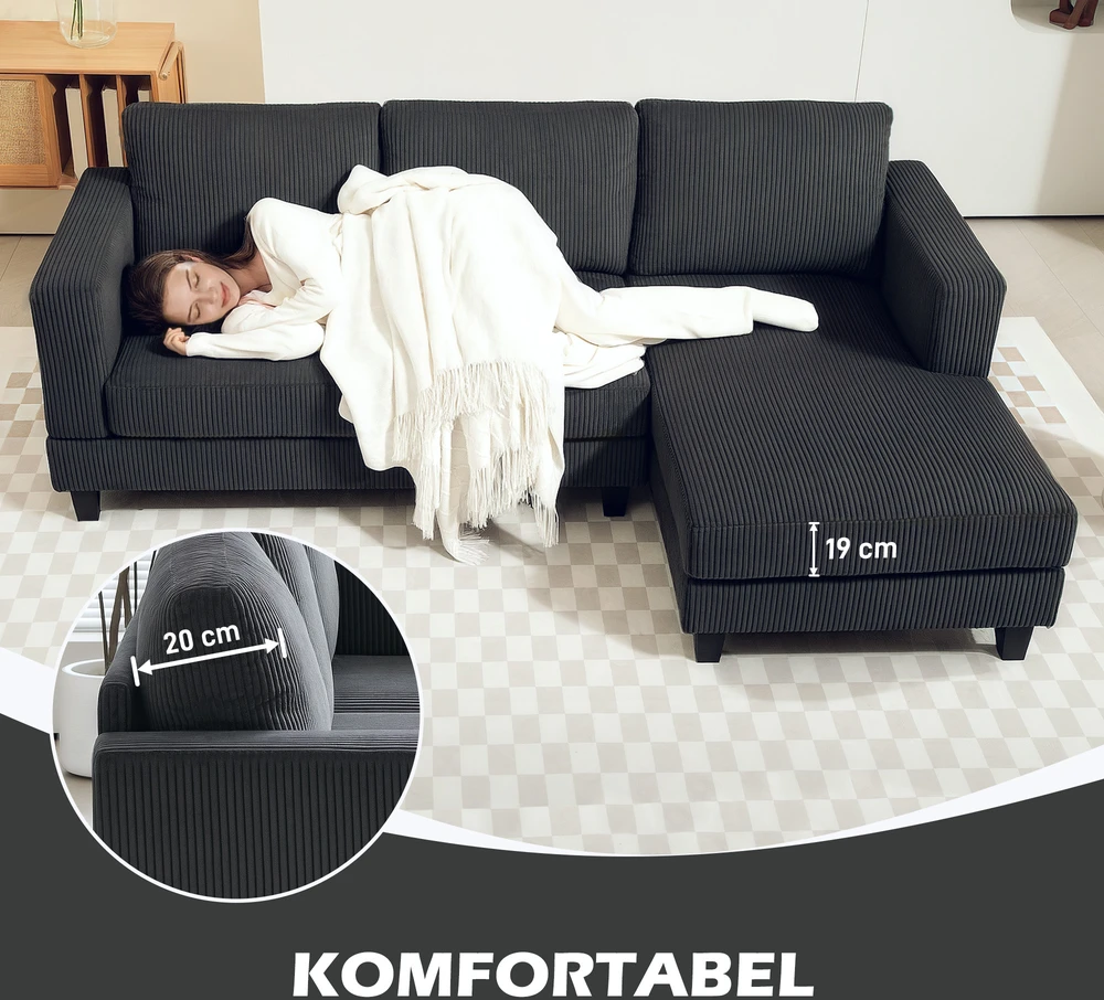 HOMCOM Kampinė sofa su šezlongu, 3 vietų, L formos, paminkštinta, su korduro atrodančiu audiniu, didelio tankio putplasčiu, iki 400 kg, skirta svetainei, miegamajam, 214 x 134 x 87 cm, tamsiai pilka
