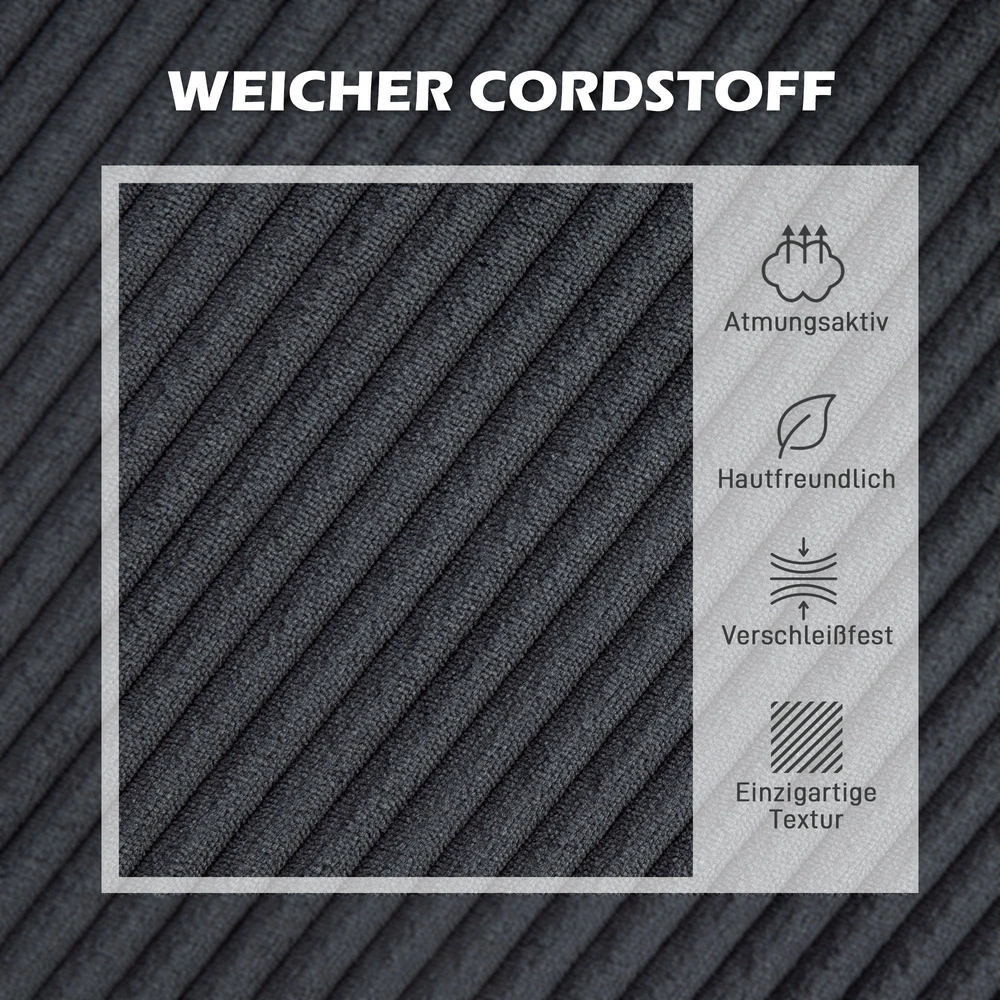 HOMCOM Kampinė sofa su šezlongu, 3 vietų, L formos, paminkštinta, su korduro atrodančiu audiniu, didelio tankio putplasčiu, iki 400 kg, skirta svetainei, miegamajam, 214 x 134 x 87 cm, tamsiai pilka
