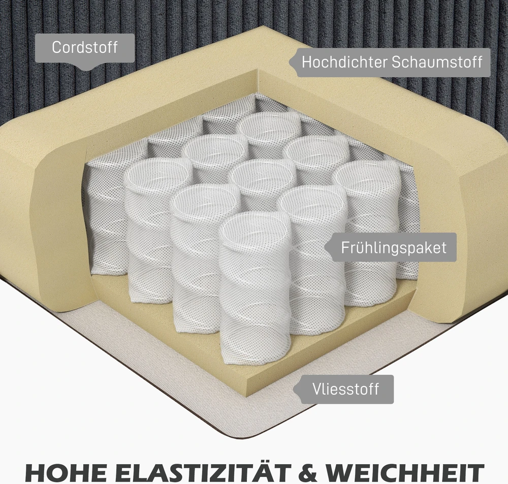 HOMCOM Kampinė sofa su šezlongu, 3 vietų, L formos, paminkštinta, su korduro atrodančiu audiniu, didelio tankio putplasčiu, iki 400 kg, skirta svetainei, miegamajam, 214 x 134 x 87 cm, tamsiai pilka