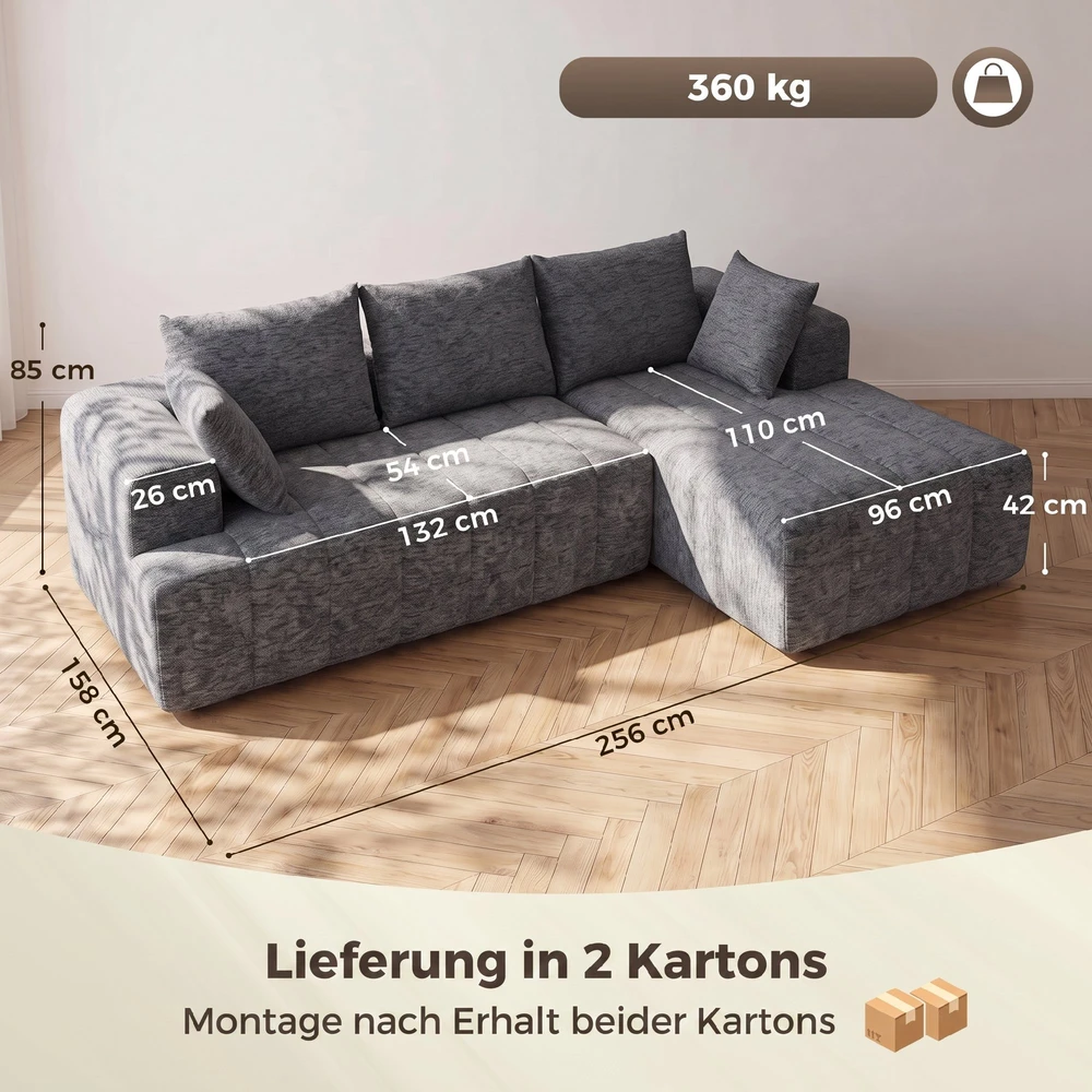 Kampinė sofa-lova su kišeninėmis spyruoklėmis, pilka, 256 × 158 × 85 cm