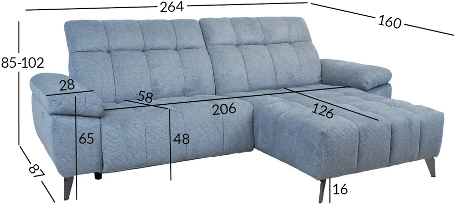 Home4You Elektrinė Kampinė sofa LUZERN dešinioji kampinė, melsva