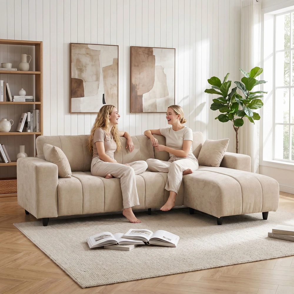 Kampinė sofa su keičiama gulimąja dalimi, 3 vietų, smėlio spalvos, 242 x 156 x 87 cm