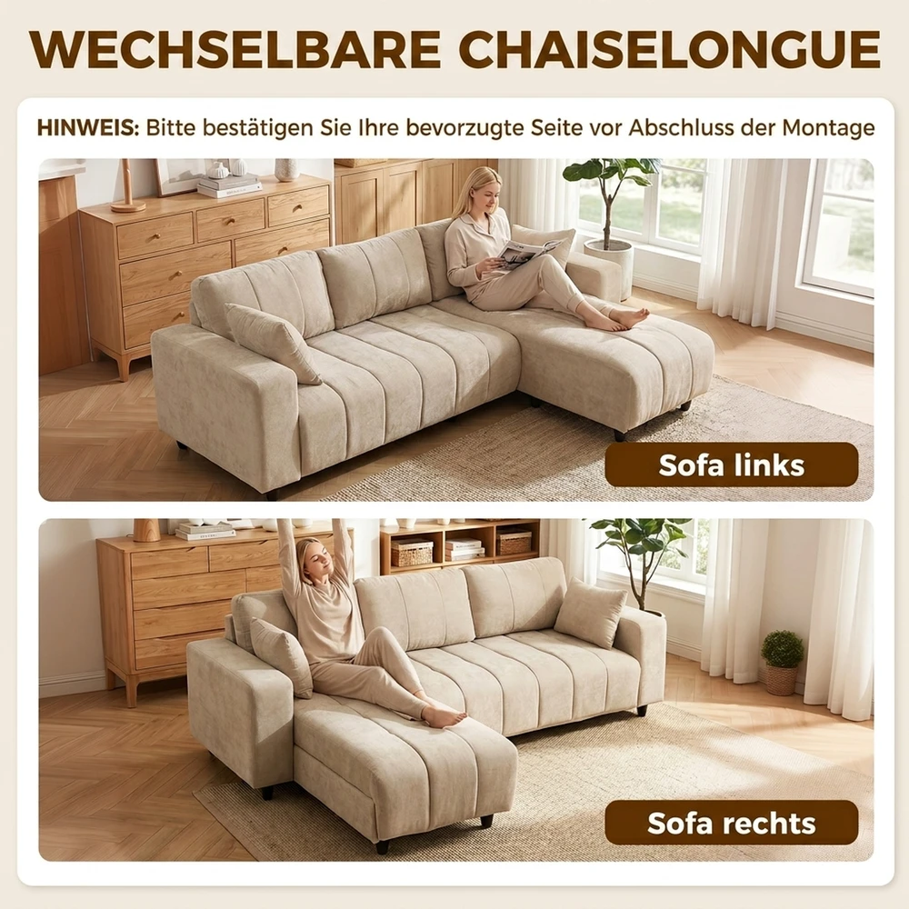 Kampinė sofa su keičiama gulimąja dalimi, 3 vietų, smėlio spalvos, 242 x 156 x 87 cm