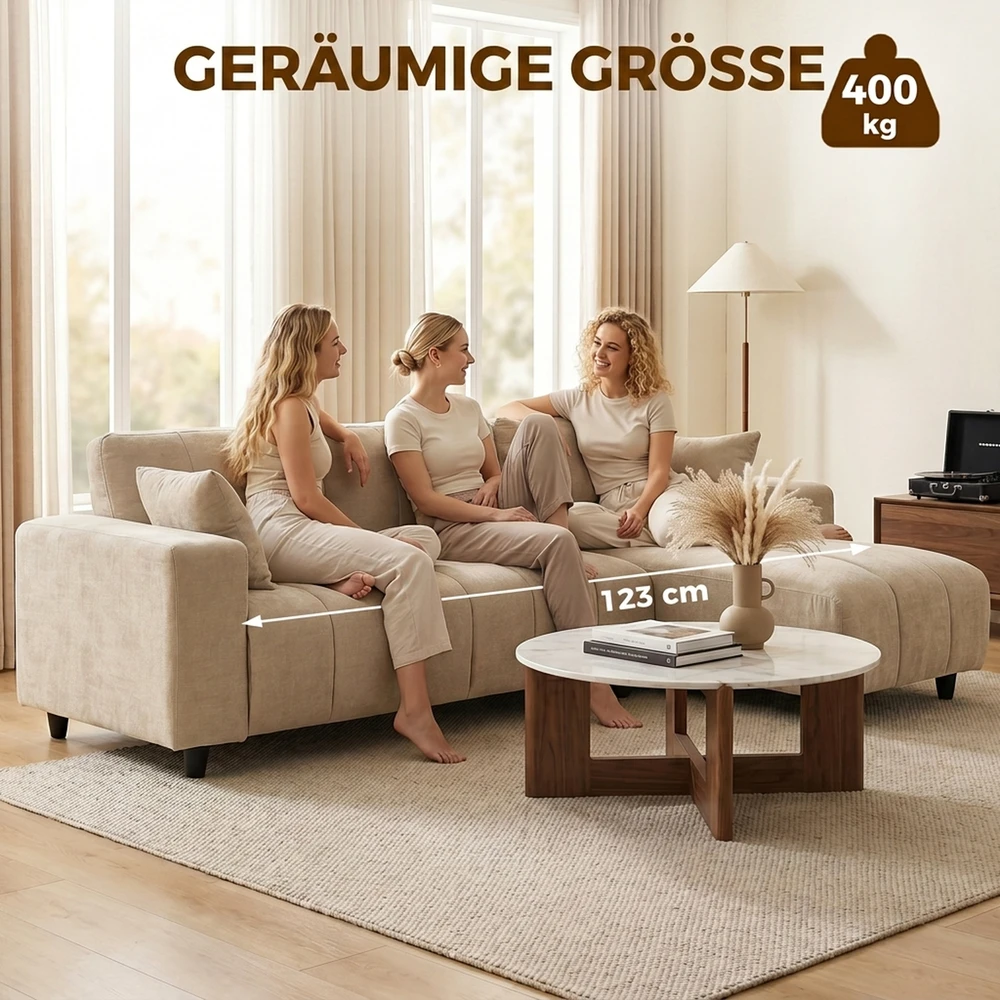 Kampinė sofa su keičiama gulimąja dalimi, 3 vietų, smėlio spalvos, 242 x 156 x 87 cm