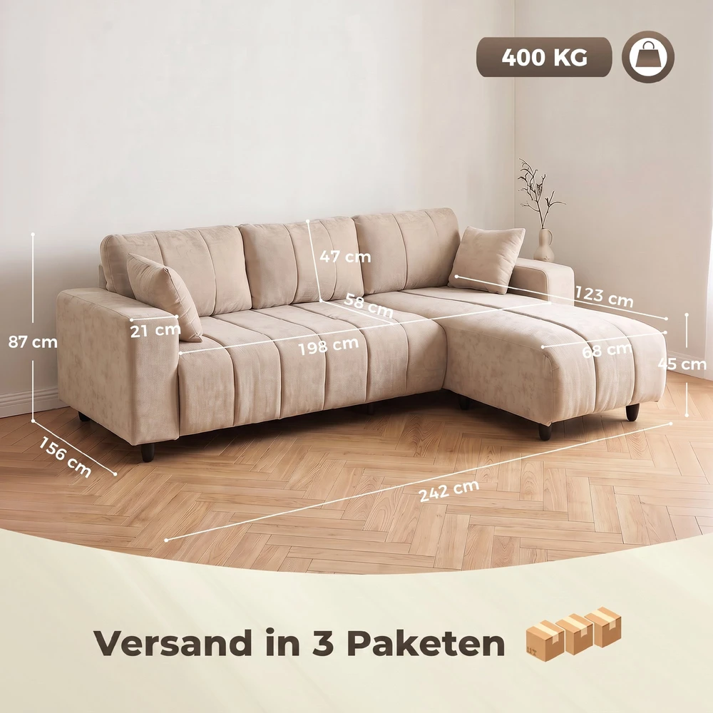 Kampinė sofa su keičiama gulimąja dalimi, 3 vietų, smėlio spalvos, 242 x 156 x 87 cm