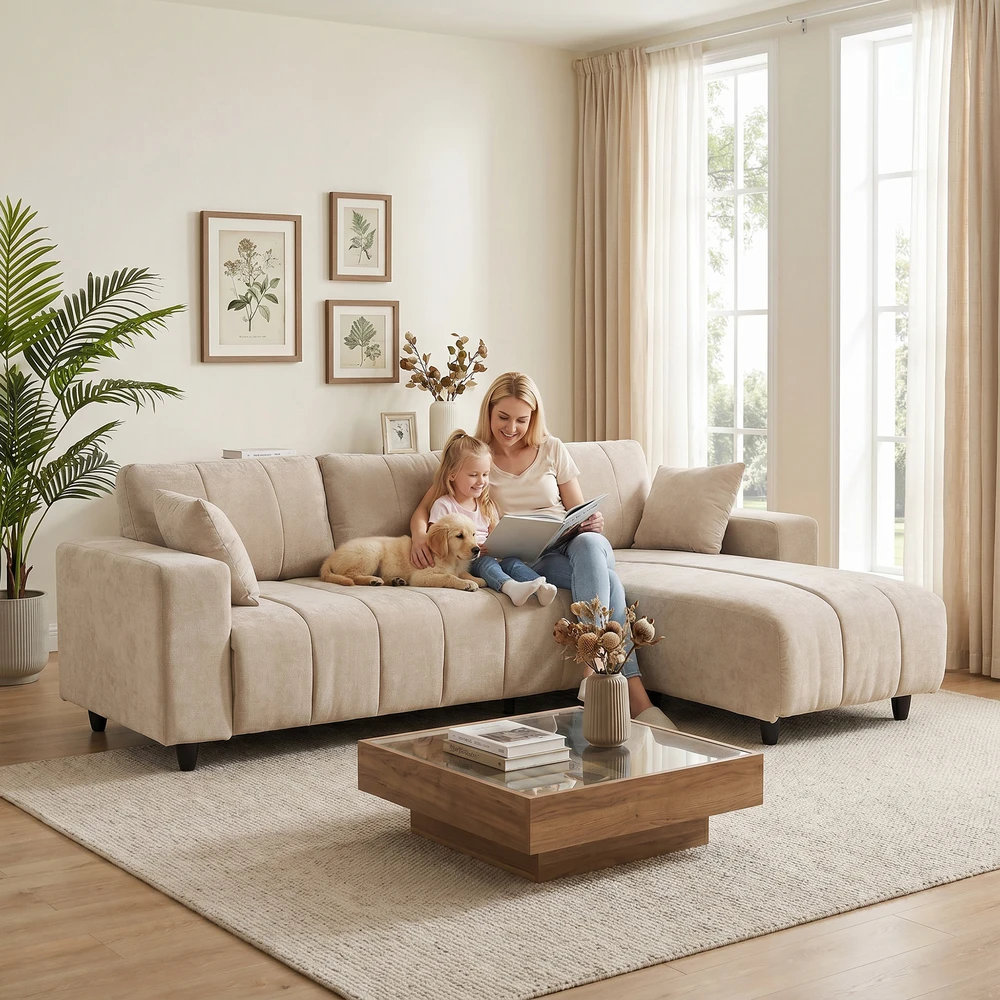 Kampinė sofa su keičiama gulimąja dalimi, 3 vietų, smėlio spalvos, 242 x 156 x 87 cm