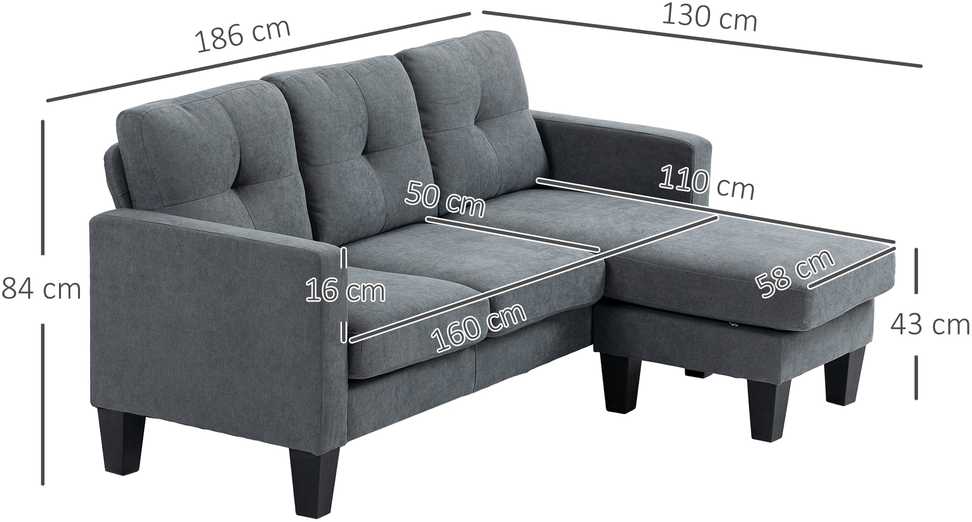 HOMCOM L-formos kampinė sofa su reversine šezlongu, spyruokliniu bloku, didelio tankio putplasčiu, lino išvaizdos audiniu, skirta svetainei ar miegamajam, tamsiai pilka