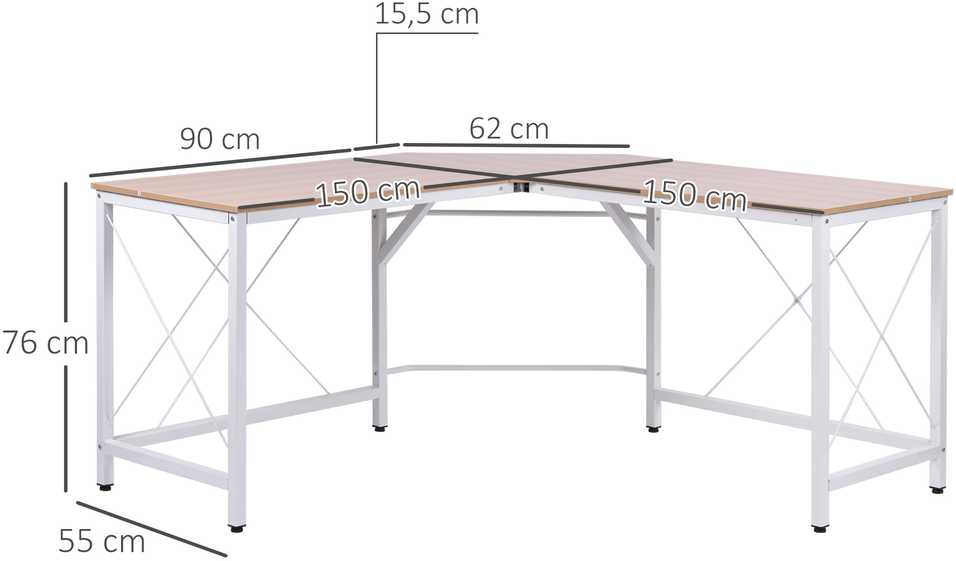 HOMCOM L formos kampinis rašomasis stalas, darbo stalas, MDF, natūrali spalva, 150x150x76 cm