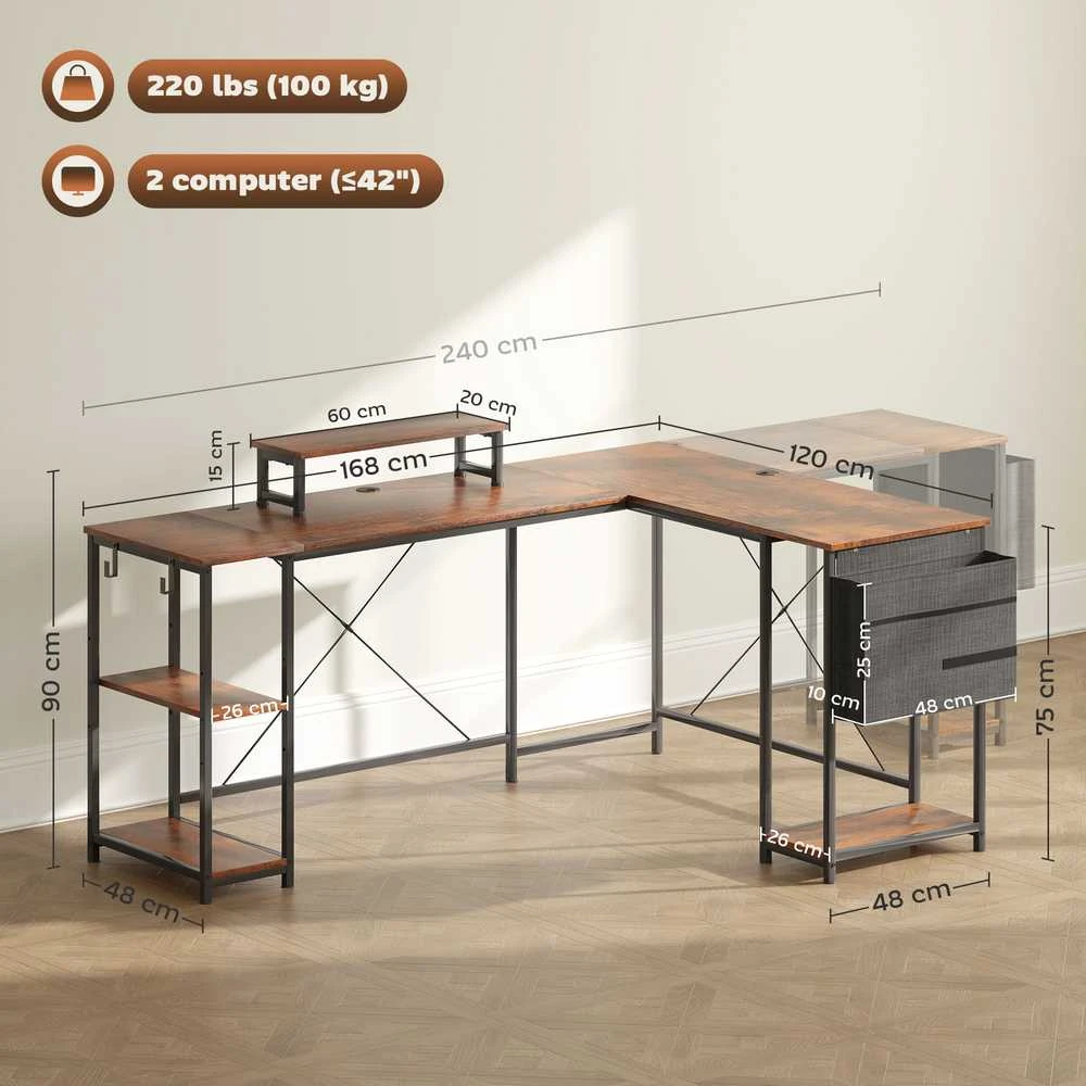 HOMCOM L-formos rašomasis stalas 168 x 120 cm kampinis stalas su lentynomis, krepšiu daiktams, reversinis kompiuterio stalas su monitoriaus stovu, žaidimų stalas biurui, namų biurui, kaimiška ruda spalva