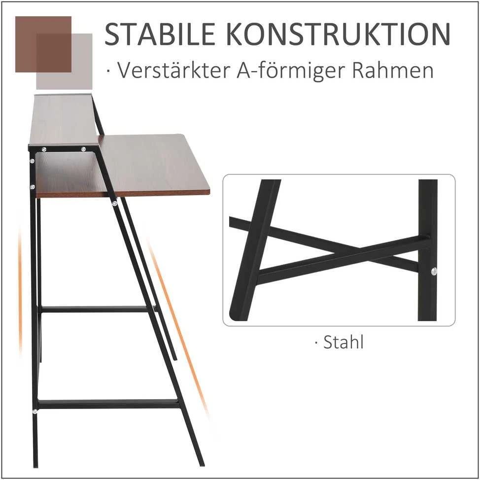 HOMCOM rašomasis stalas, kompiuterio stalas su lentyna ir kabelių anga, metalas, riešutmedis, 84x45x85 cm, idealiai tinka namų biurui