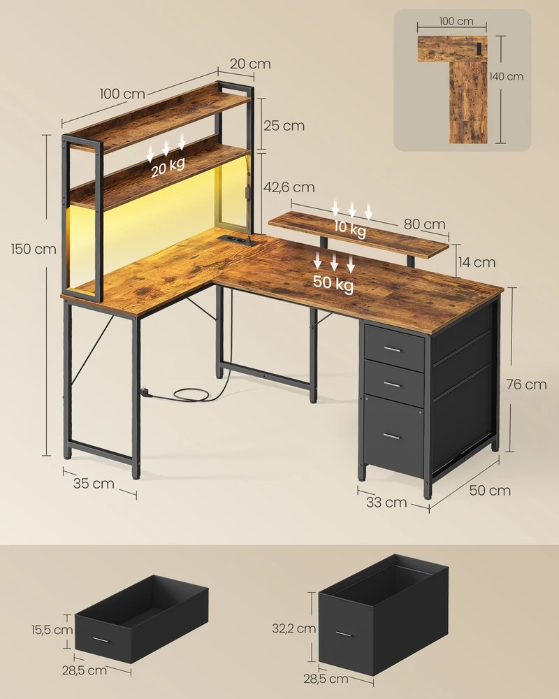 Songmics Kampinis rašomasis stalas, rudas ir juodas, 140 × 100 × 150 cm