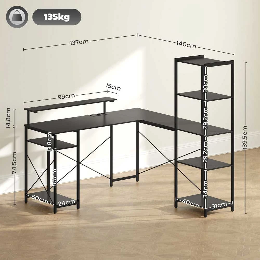 HOMCOM rašomasis stalas, L formos kompiuterio stalas 137 x 140 x 139,5 cm kampinis stalas su 6 lentynomis, biuro stalas su monitoriaus stovu, USB, elektros lizdas, namų biurui, biurui, juodas