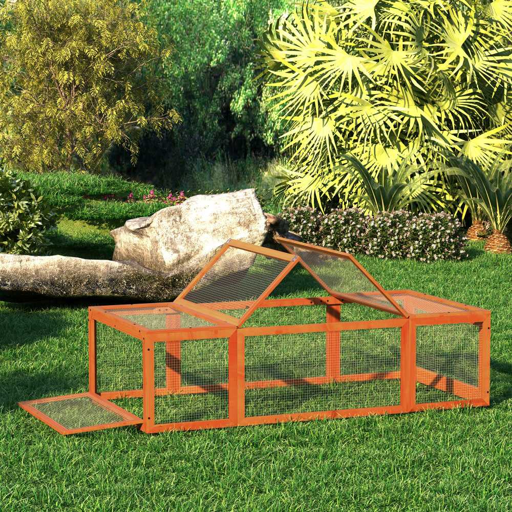 PawHut mažų gyvūnų narvelis 180 x 90 x 48 cm su aptvaru, daugiafunkcis, eglės mediena, oranžinis