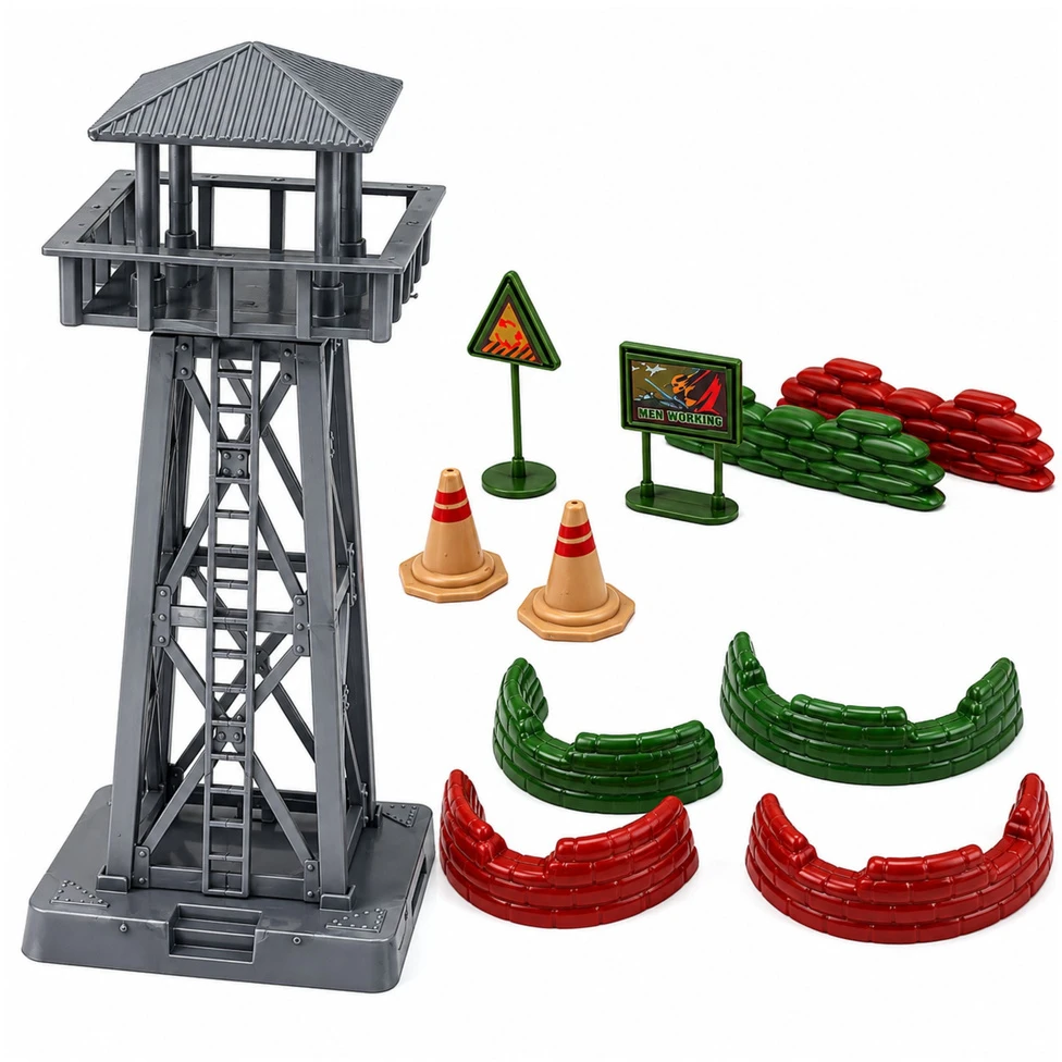 Lean Toys Kareivėlių figūrėlių rinkinys su bokštu ir lėktuvais, 72 vnt.