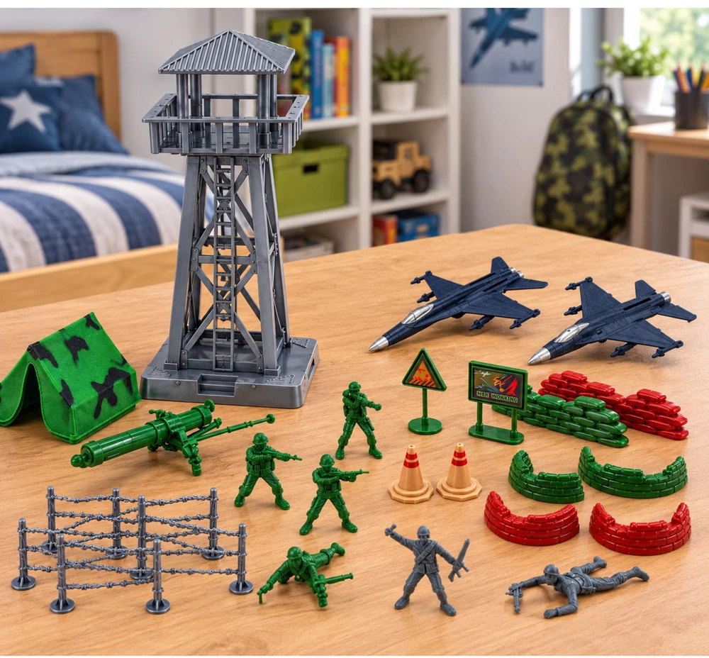 Lean Toys Kareivėlių figūrėlių rinkinys su bokštu ir lėktuvais, 72 vnt.