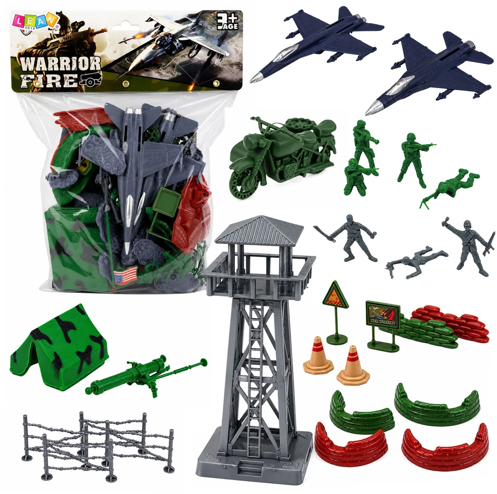 Lean Toys Kareivėlių figūrėlių rinkinys su bokštu ir lėktuvais, 72 vnt.