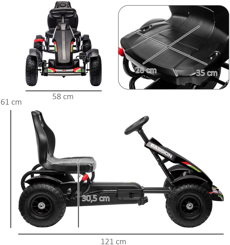 HOMCOM vaikiškas kartingas, minamas automobilis su rankiniu stabdžiu, reguliuojama sėdyne, pedalais, skirtas 5-12 metų vaikams, lauko pramogoms, juodas