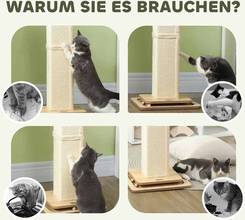 PawHut 3-in-1 draskyklė, 87 cm draskyklės kolona, sizalio kačių draskyklė su žaisliniu kamuoliuku, kačių draskyklė, kačių baldai, patalpoms, ąžuolo spalvos