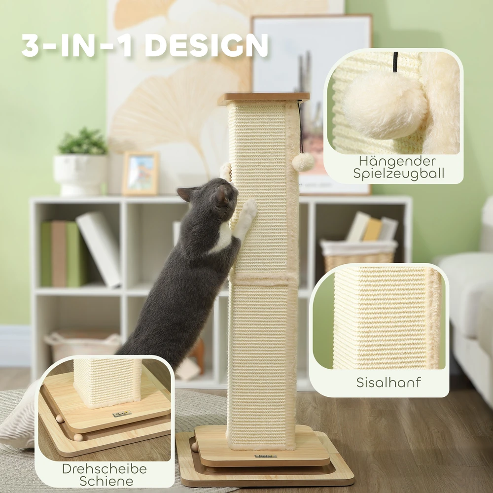 PawHut 3-in-1 draskyklė, 87 cm draskyklės kolona, sizalio kačių draskyklė su žaisliniu kamuoliuku, kačių draskyklė, kačių baldai, patalpoms, ąžuolo spalvos