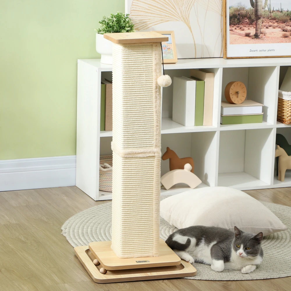 PawHut 3-in-1 draskyklė, 87 cm draskyklės kolona, sizalio kačių draskyklė su žaisliniu kamuoliuku, kačių draskyklė, kačių baldai, patalpoms, ąžuolo spalvos
