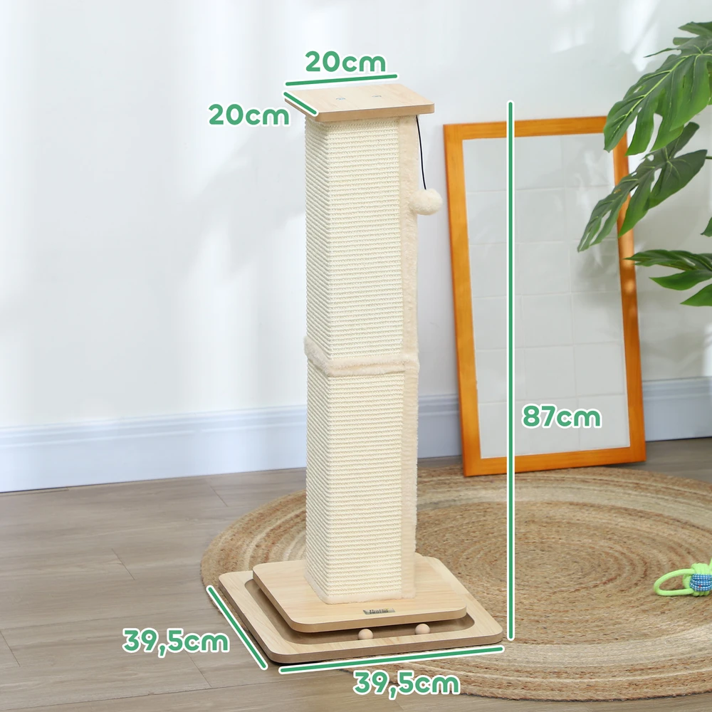 PawHut 3-in-1 draskyklė, 87 cm draskyklės kolona, sizalio kačių draskyklė su žaisliniu kamuoliuku, kačių draskyklė, kačių baldai, patalpoms, ąžuolo spalvos