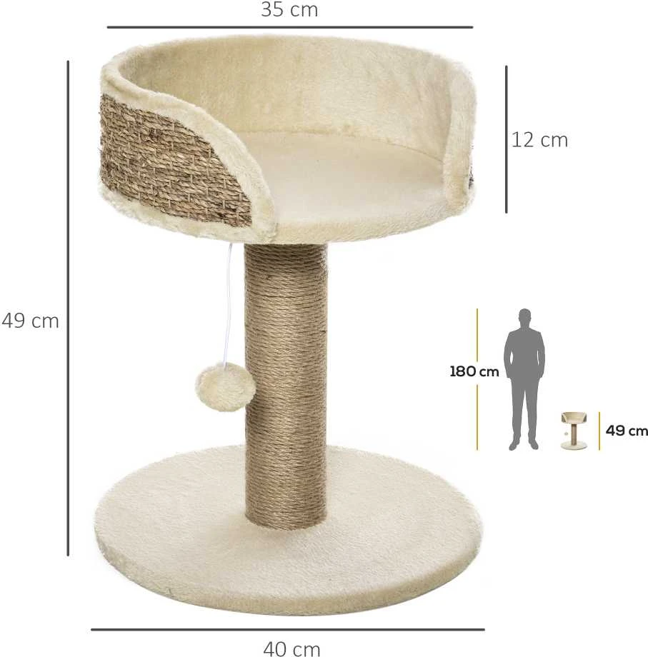 PawHut mažas draskyklė katėms, 49 cm, draskyklė su žaisliuku, gultu, laipynė katėms iki 4kg, baldai katėms, džiutas, kavos spalvos
