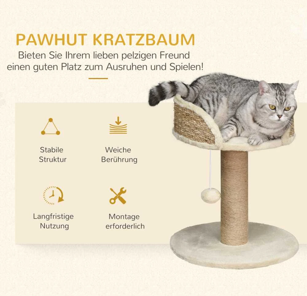 PawHut mažas draskyklė katėms, 49 cm, draskyklė su žaisliuku, gultu, laipynė katėms iki 4kg, baldai katėms, džiutas, kavos spalvos