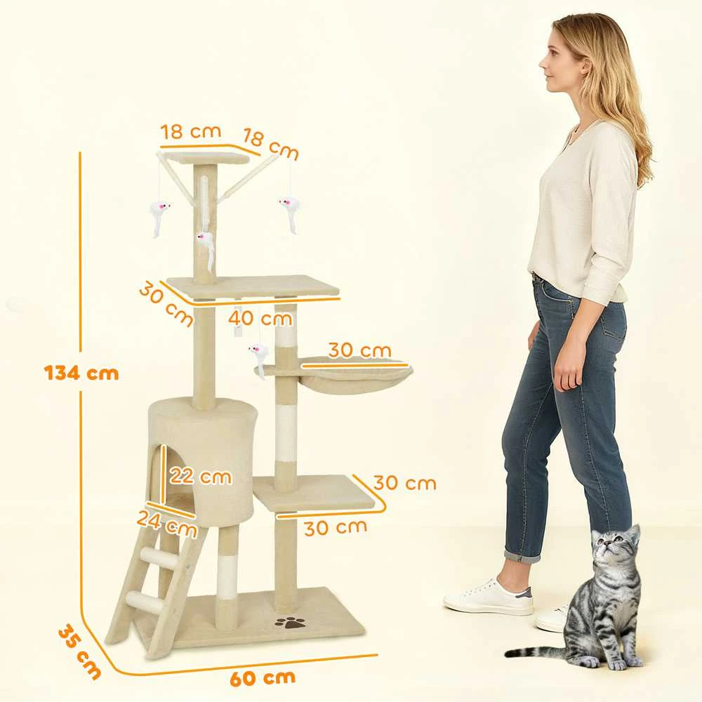 Kačių draskyklė su nameliu ir 4 žaislais, 134 cm