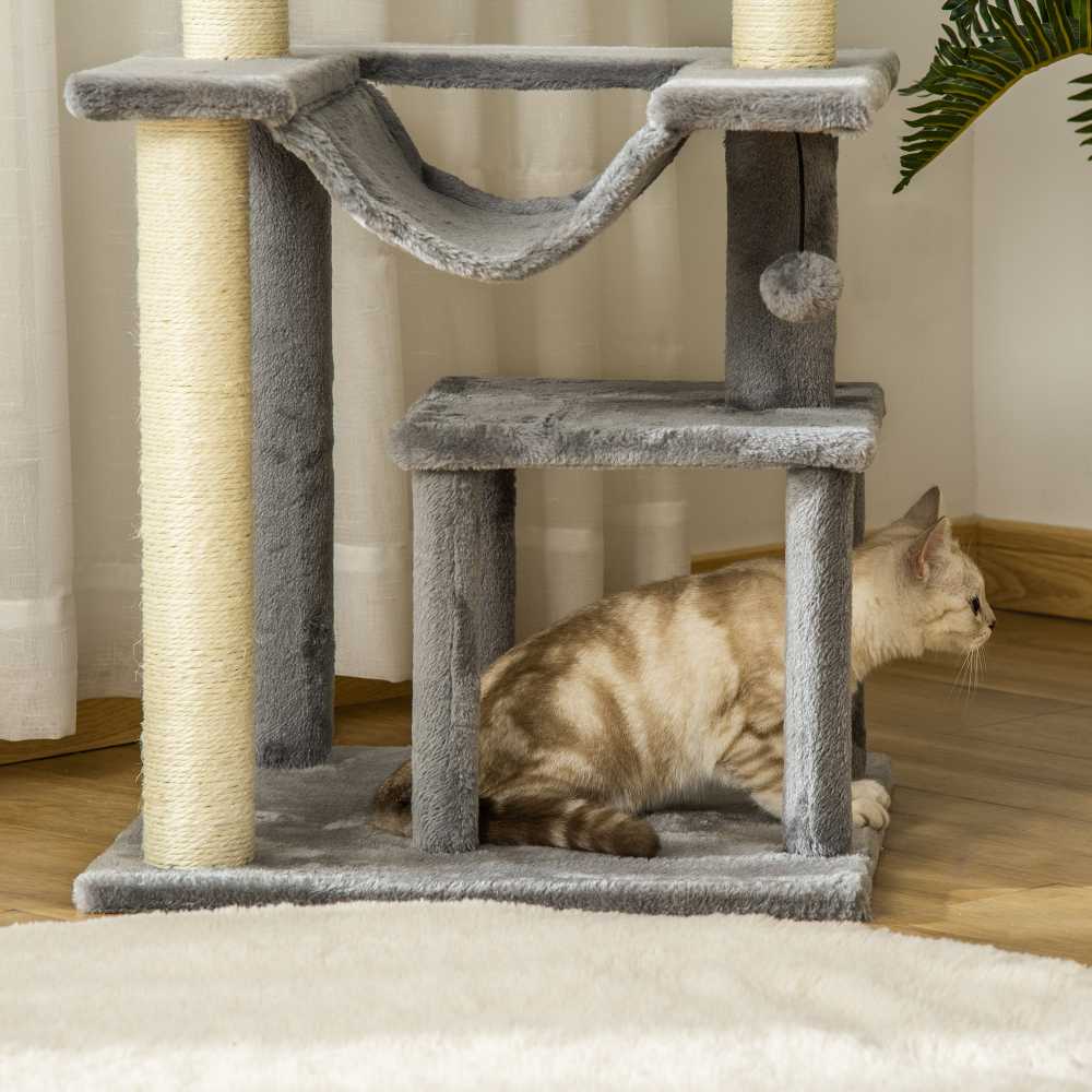 PawHut 90 cm draskyklė su hamaku, nameliu, platformomis, pliušinė, sizalis, pilka